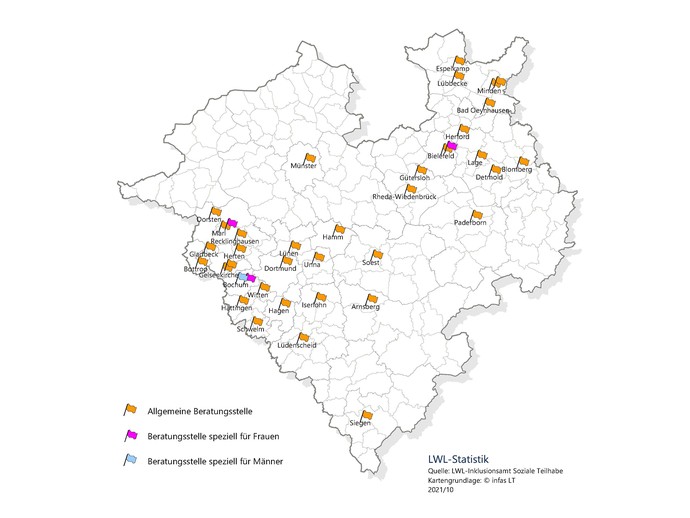 Standorte der Beratungsstellen in Westfalen-Lippe (vergrößerte Bildansicht wird geöffnet)
